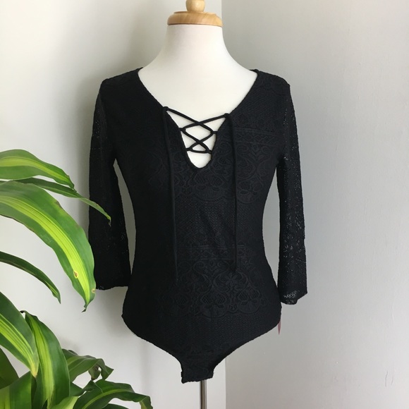 Xhilaration Tops - Black lace 3/4 sleeve bodysuit with lace up detail